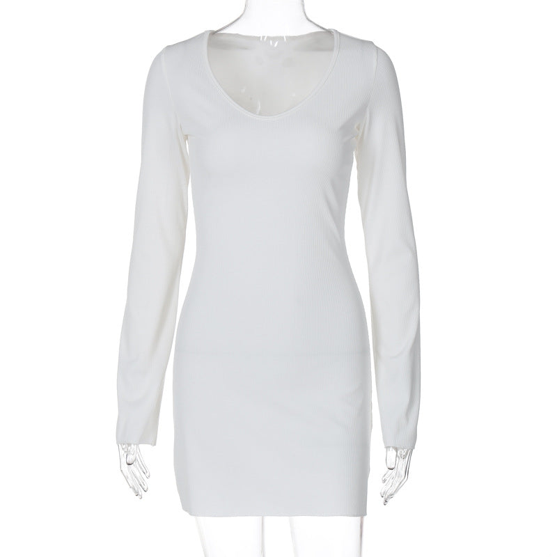 Solid color ribbed fashionable long sleeve waist dress
