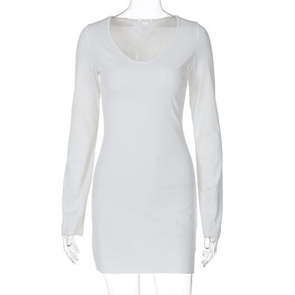 Solid color ribbed fashionable long sleeve waist dress