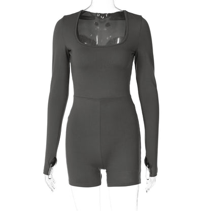 Long-sleeved U-neck hollow high-waist hip-lifting jumpsuit