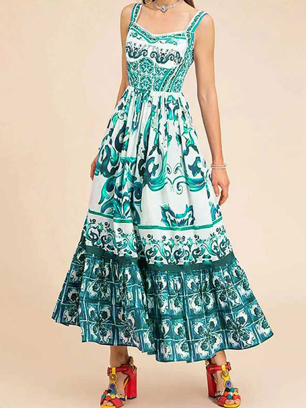 Elegant mid-length large-swing printed halter dress