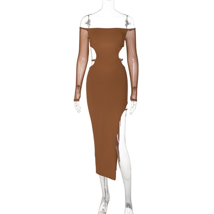 Off-shoulder backless long-sleeved midi dress