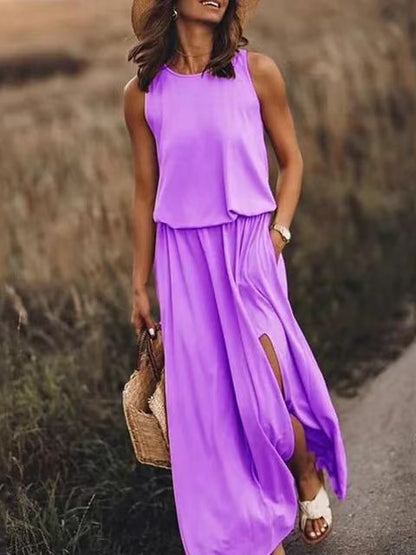 New Vacation Style Solid Color Round Collar Sleeveless Sling Lantern Split Dress Long Skirt