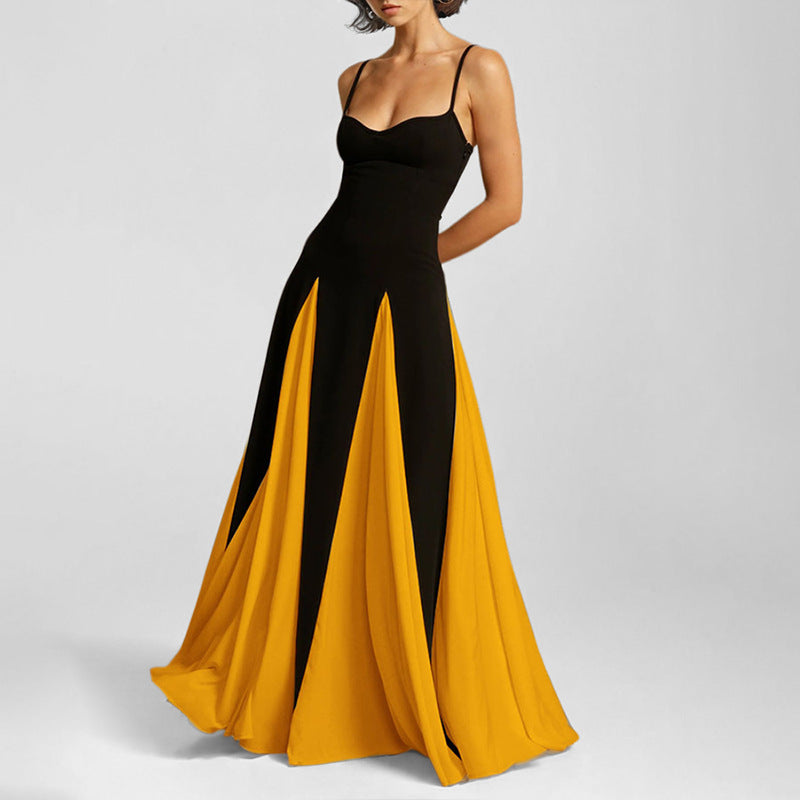 Women's fashion temperament halter color collision loose swing vacation waist dress