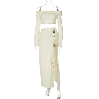 One-shoulder long-sleeved wrap-around sexy high-slit skirt two-piece suit
