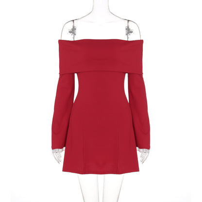 One-shoulder trumpet long-sleeved mini dress with lace trim