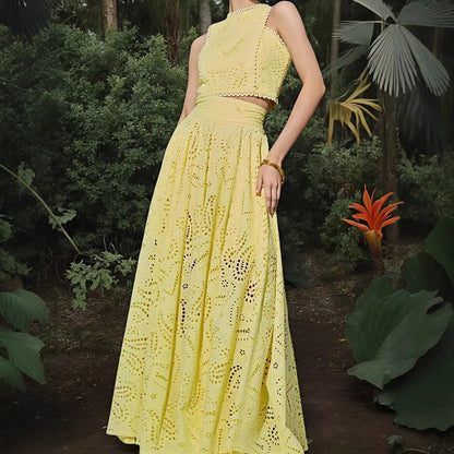 Women's casual fashion sleeveless pockets long dress dress two-piece suit female