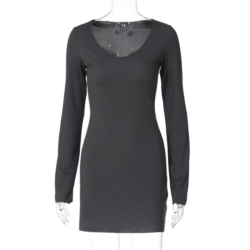 Solid color ribbed fashionable long sleeve waist dress