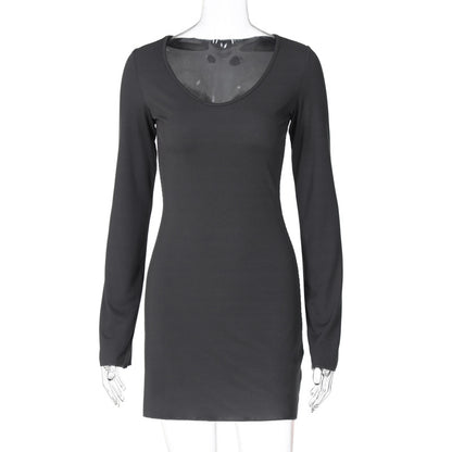 Solid color ribbed fashionable long sleeve waist dress