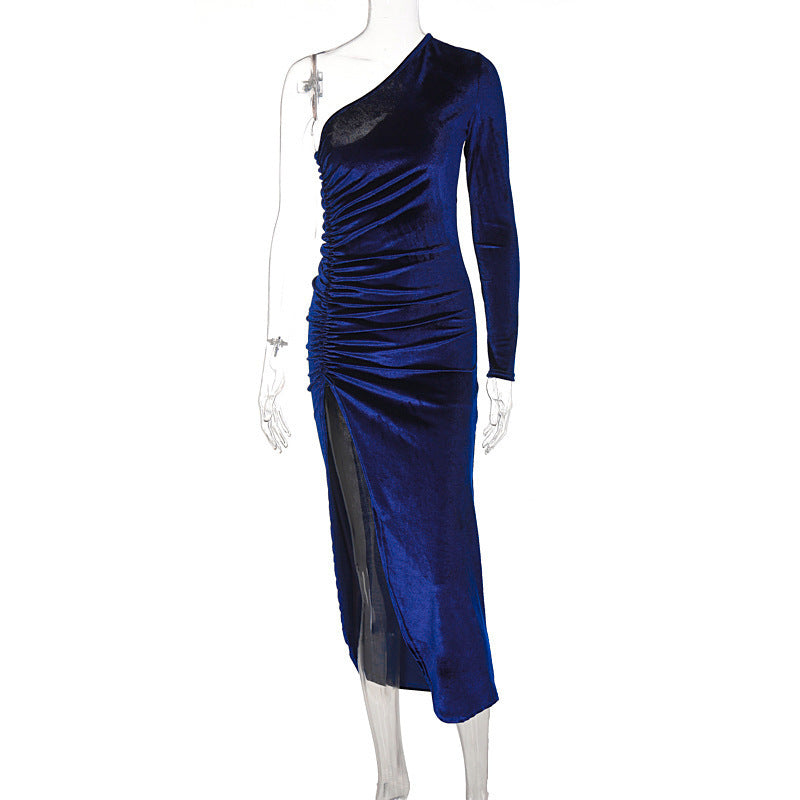 Fashion off-shoulder long-sleeved slim fit ruffled slit dress