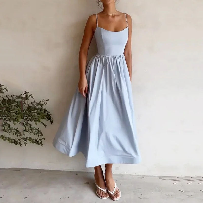Dress Solid Color Sexy U Neck Waisted Pleated Halter Swing Dress