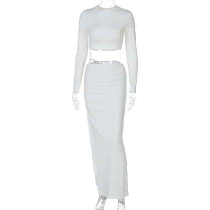 Solid color long sleeve round neck pleated slit long skirt two piece set