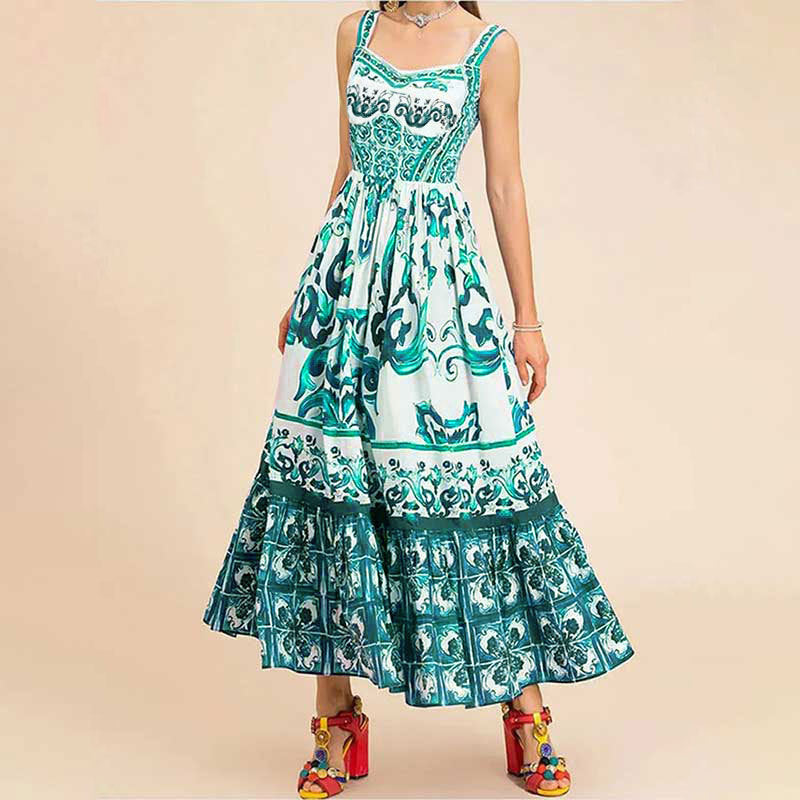 Elegant mid-length large-swing printed halter dress