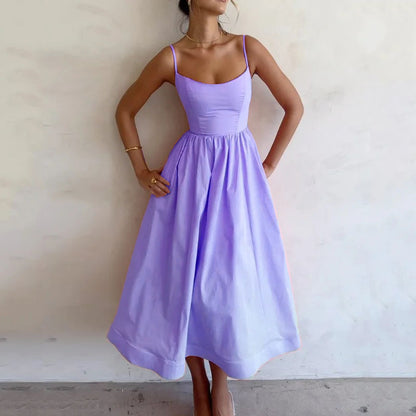 Dress Solid Color Sexy U Neck Waisted Pleated Halter Swing Dress