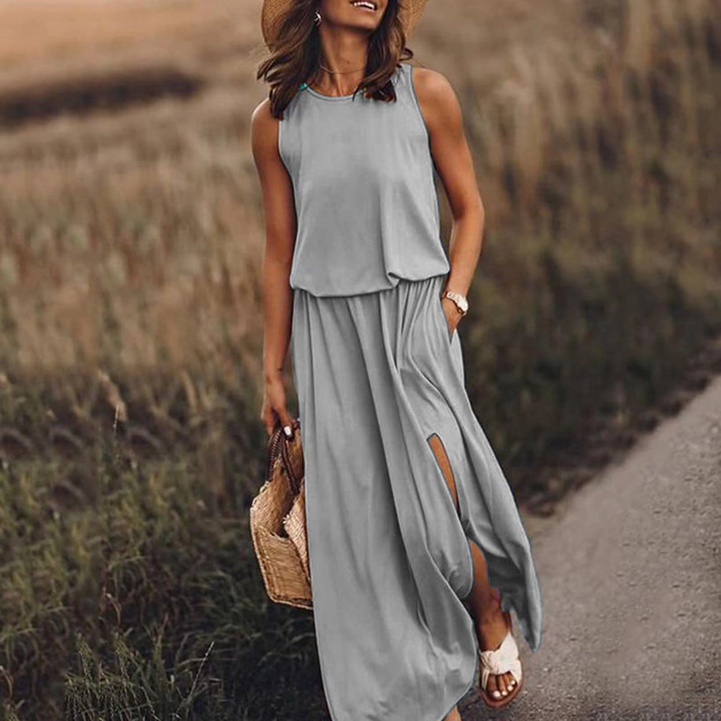 New Vacation Style Solid Color Round Collar Sleeveless Sling Lantern Split Dress Long Skirt