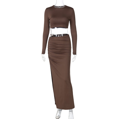 Solid color long sleeve round neck pleated slit long skirt two piece set