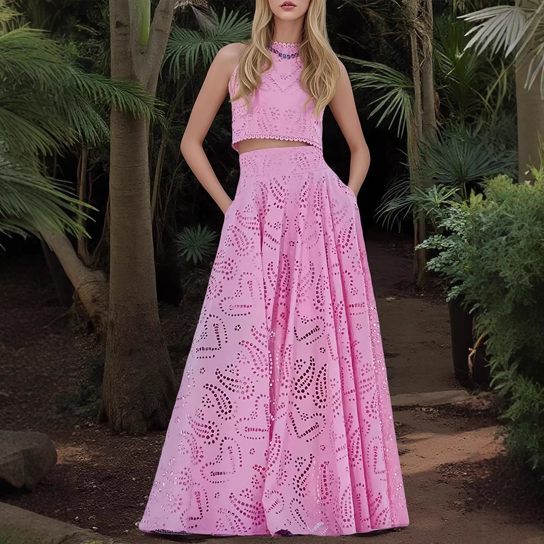 Women's casual fashion sleeveless pockets long dress dress two-piece suit female