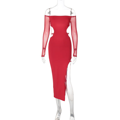Off-shoulder backless long-sleeved midi dress
