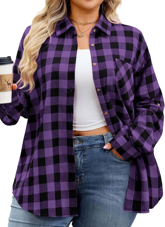 Womens Plus Size Flannel Shirts Long Sleeve Button Down Plaid Shirt Roll Up Oversize Checkered Blouse Top Fall