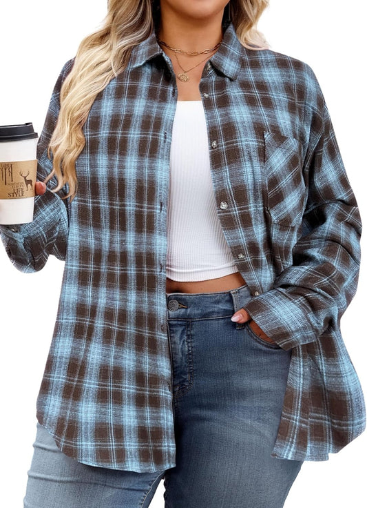 Womens Plus Size Flannel Shirts Long Sleeve Button Down Plaid Shirt Roll Up Oversize Checkered Blouse Top Fall