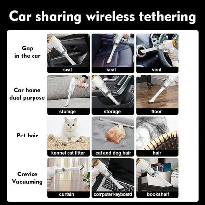 Multifunctional vacuum cleaner with various uses in a car and home setting.